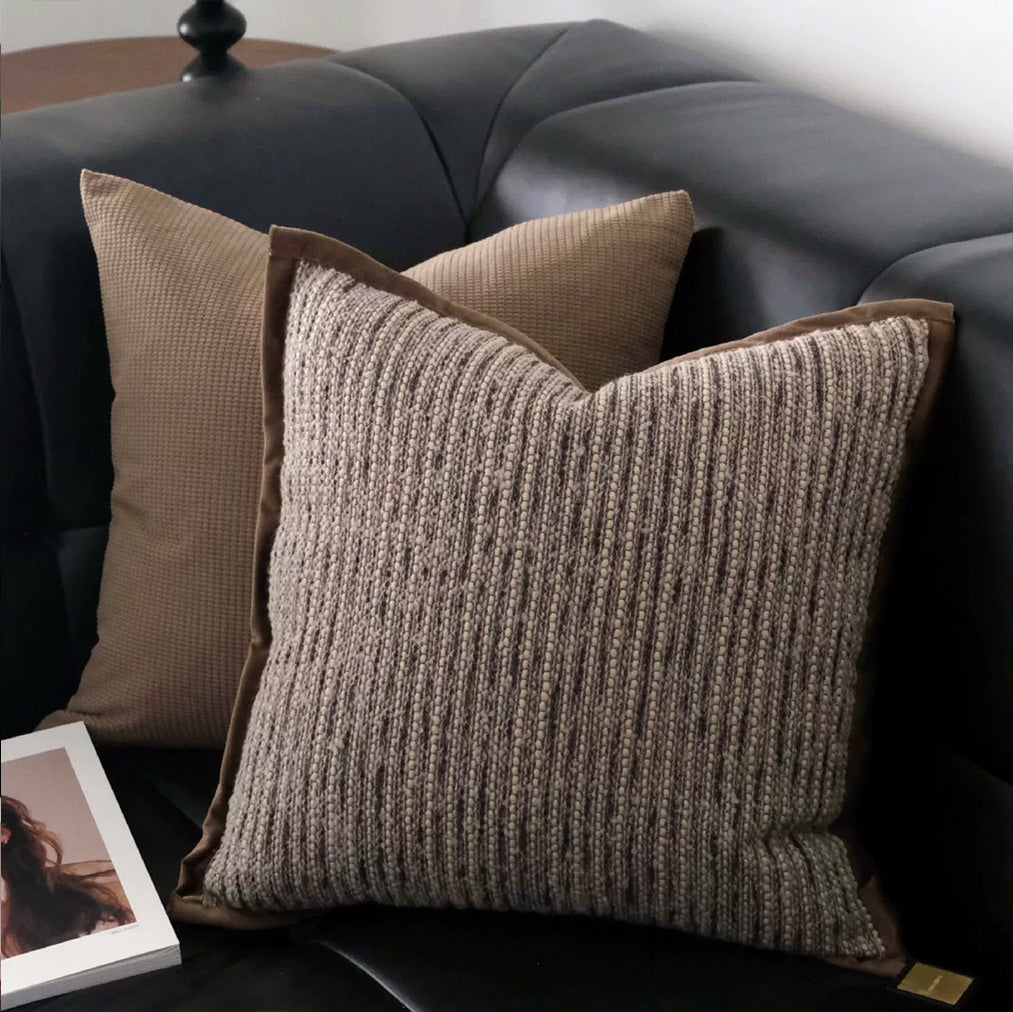 Neutral woven pillow cover for an organic modern living room