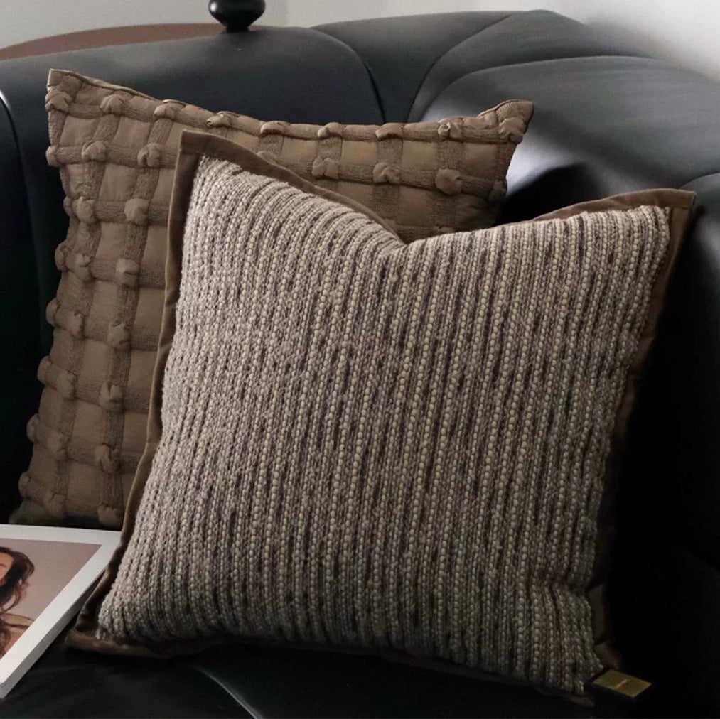 Umber woven 18x18 pillow cover styled on a modern sofa