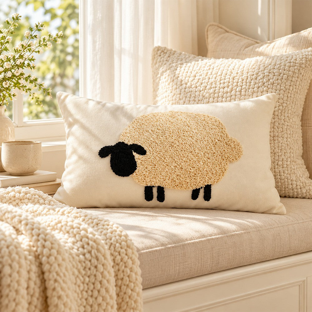 Sunlit window seat styled with the sheep pillow and soft textured cushions.