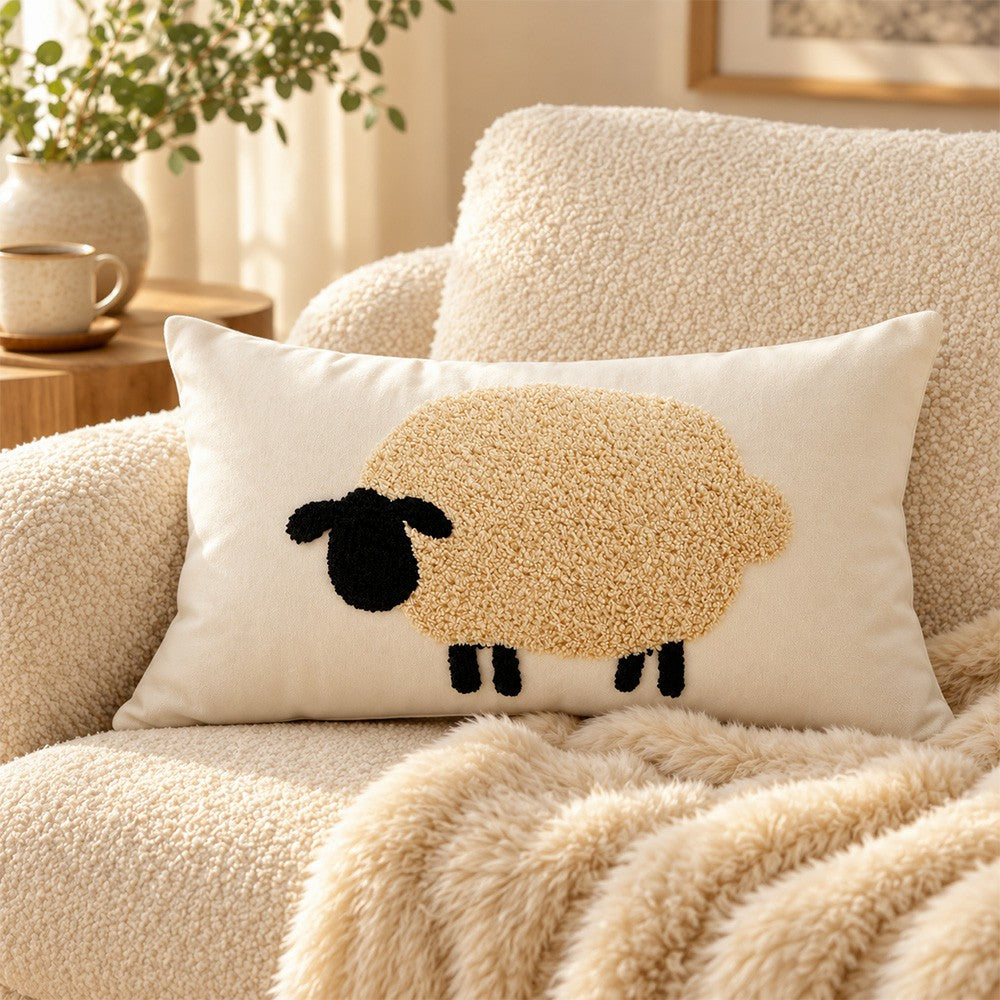 Pasture tufted sheep lumbar pillow cover styled on a neutral sofa