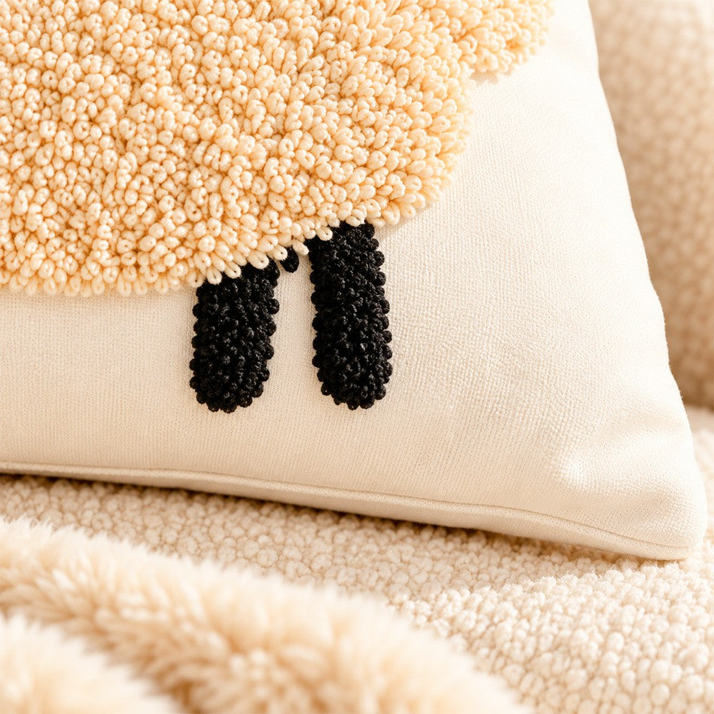 Close-up of Pasture beige sheep appliqué with a blended-fabric detail inset