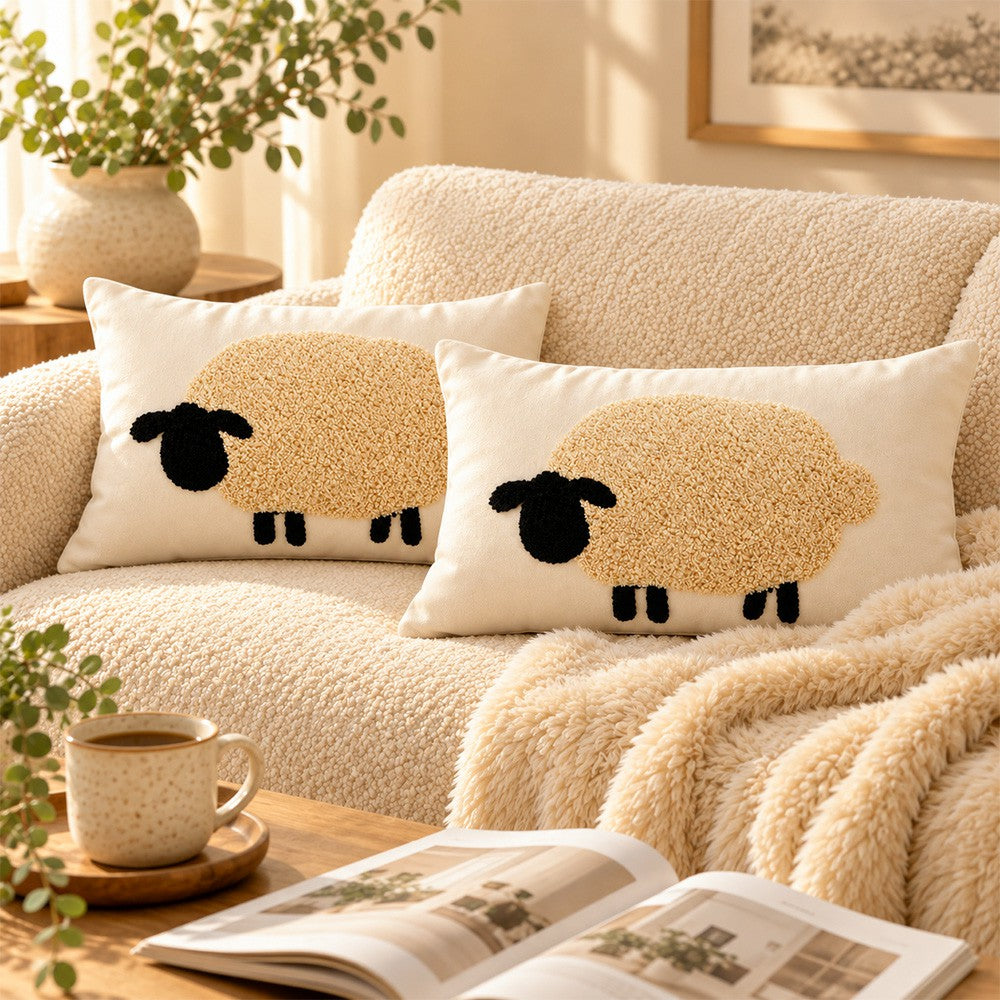 Tufted sheep square and lumbar pillow cover collection on a cream sofa