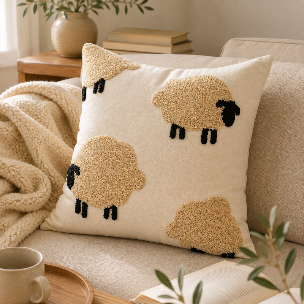 Neutral textured sheep pillow cover in cozy home décor