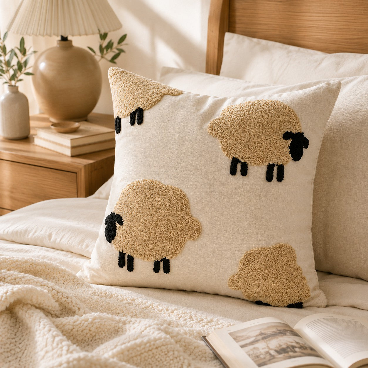 Farmhouse sheep pillow cover on neutral sofa