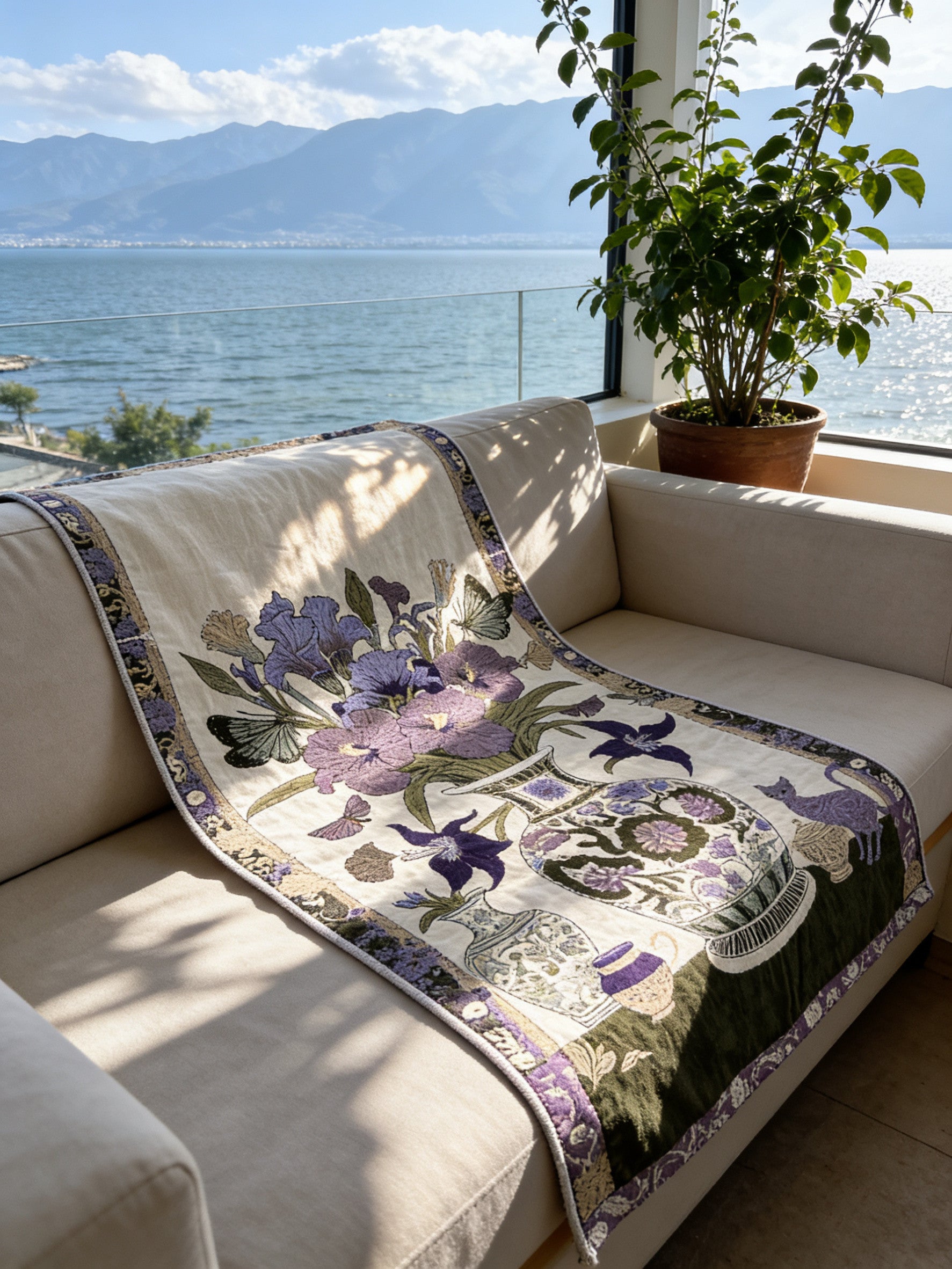 Floribunda purple botanical cotton throw blanket draped over a sofa by a lake view