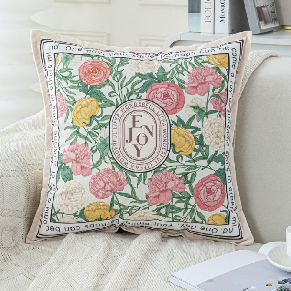 Keepsake pink rose garden pillow cover with green leaves and flange border