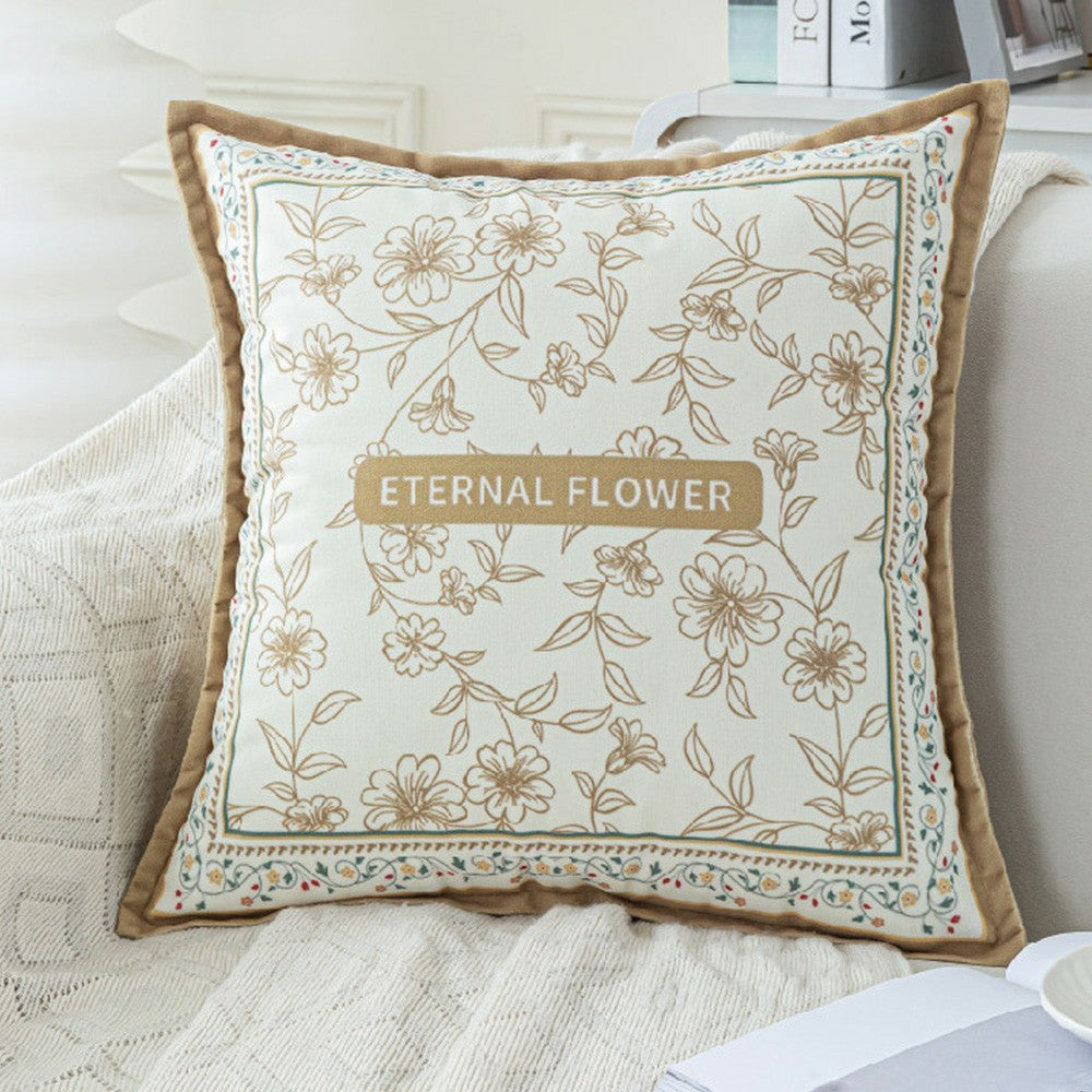 Keepsake beige botanical line art pillow cover with Eternal Flower panel