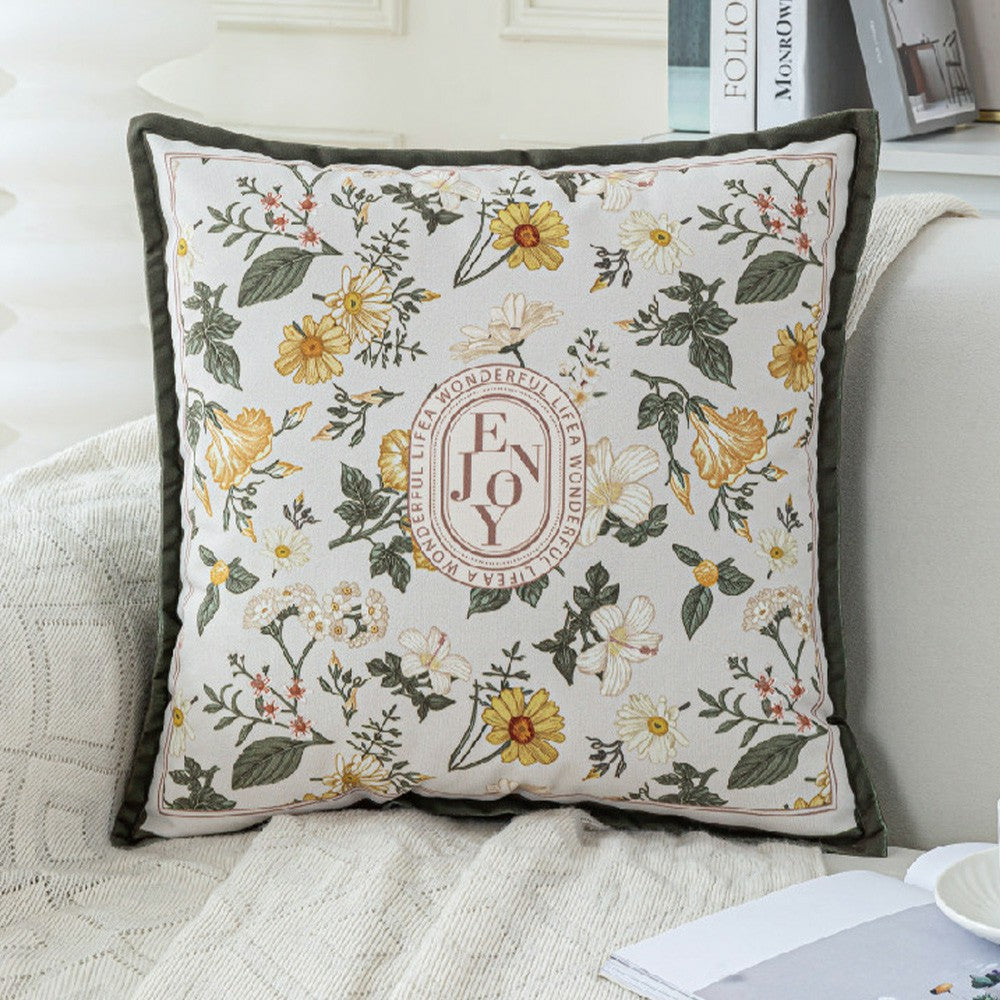 Keepsake yellow wildflower and butterfly pillow cover with green flange
