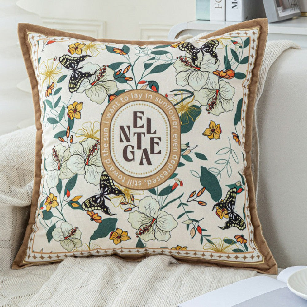 Keepsake butterfly and botanical pillow cover with golden flange edge