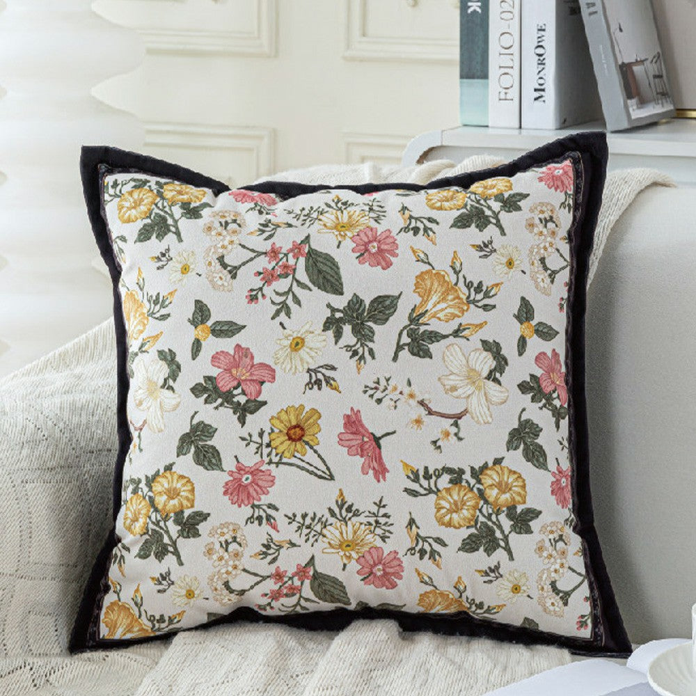 Keepsake colorful wildflower and bird pillow cover with black flange edge