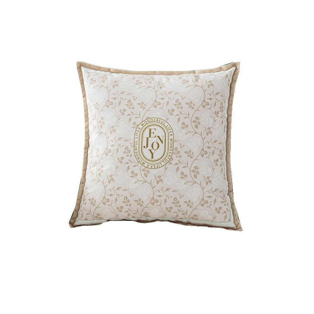 Keepsake neutral vine pillow cover with monogram medallion and beige flange edge