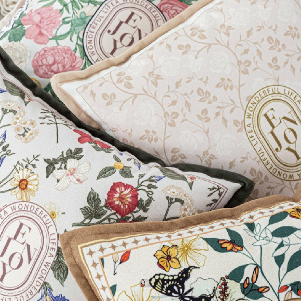 Close-up arrangement of Keepsake floral pillow covers and flange details