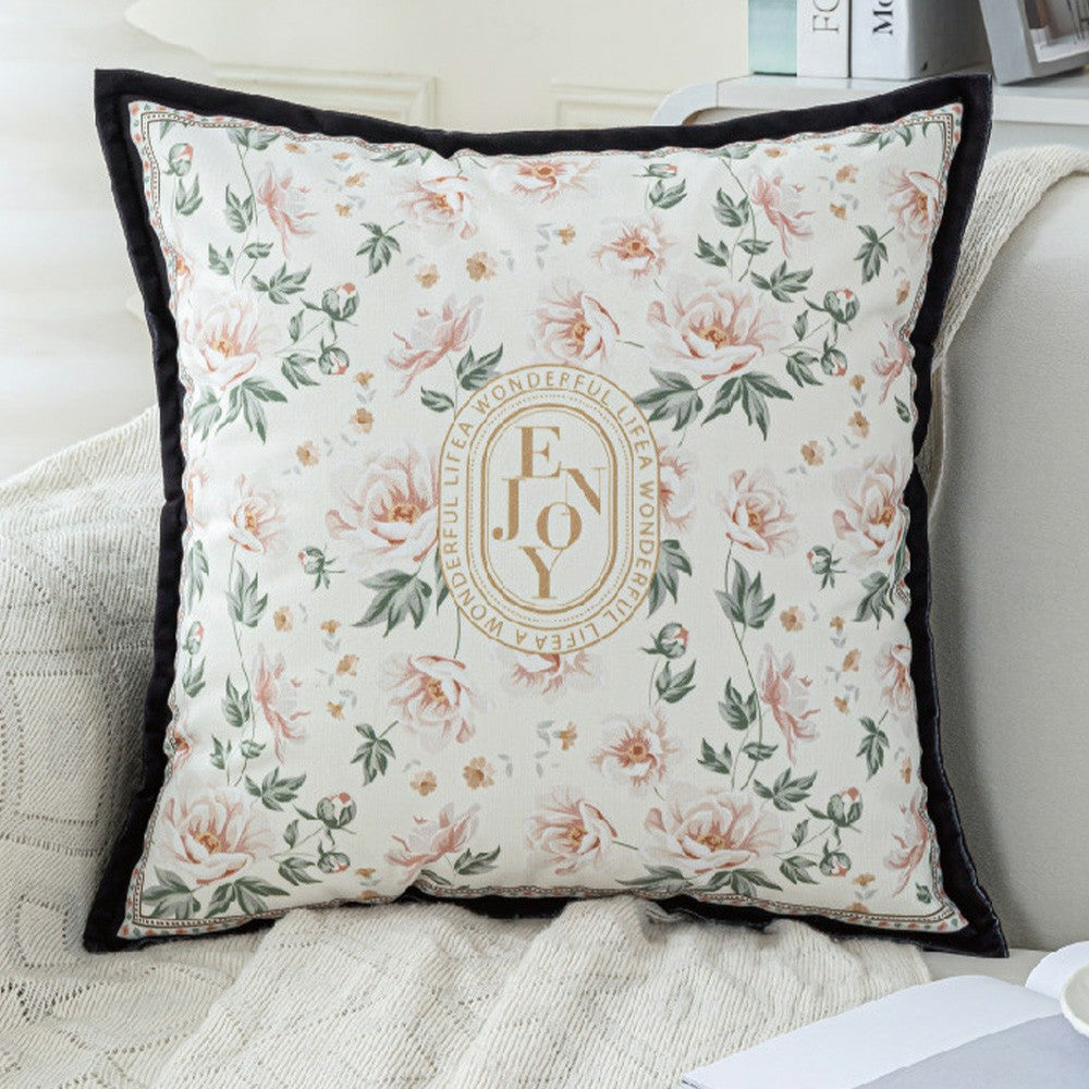 Keepsake soft floral monogram pillow cover with black flange edge