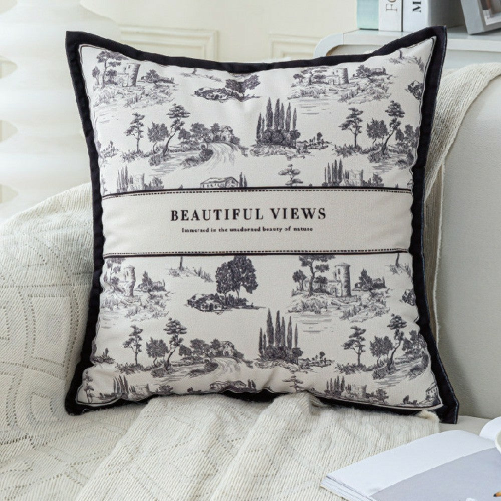 Keepsake black and ivory countryside toile pillow cover with dark flange