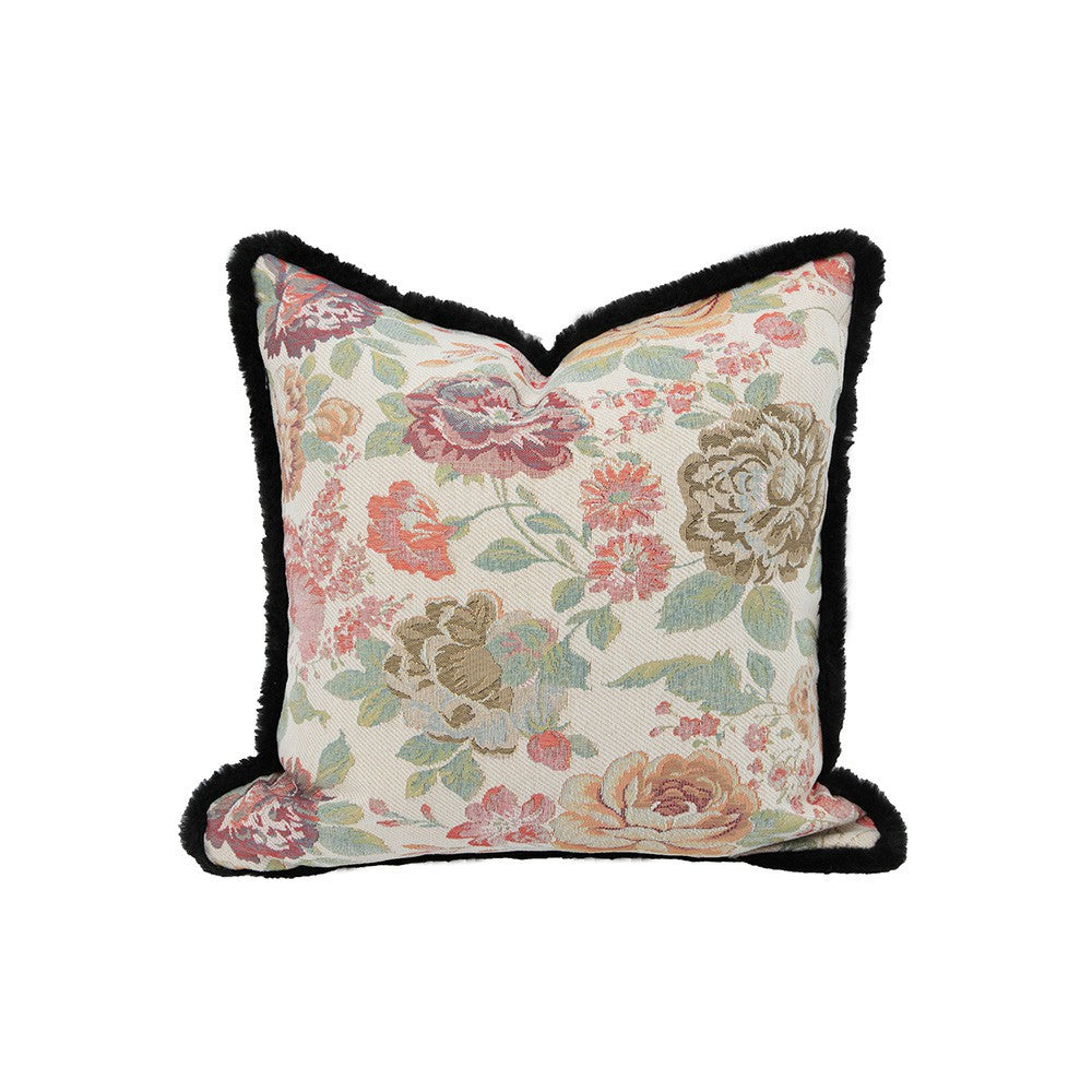 Chateau ivory floral tapestry pillow cover with pink roses and black plush trim