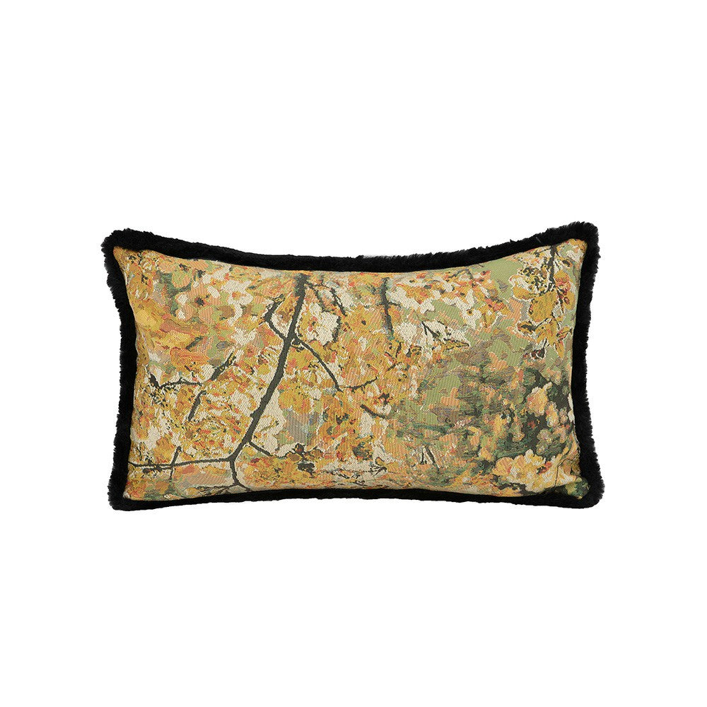 Chateau botanical landscape lumbar pillow cover with black plush edging