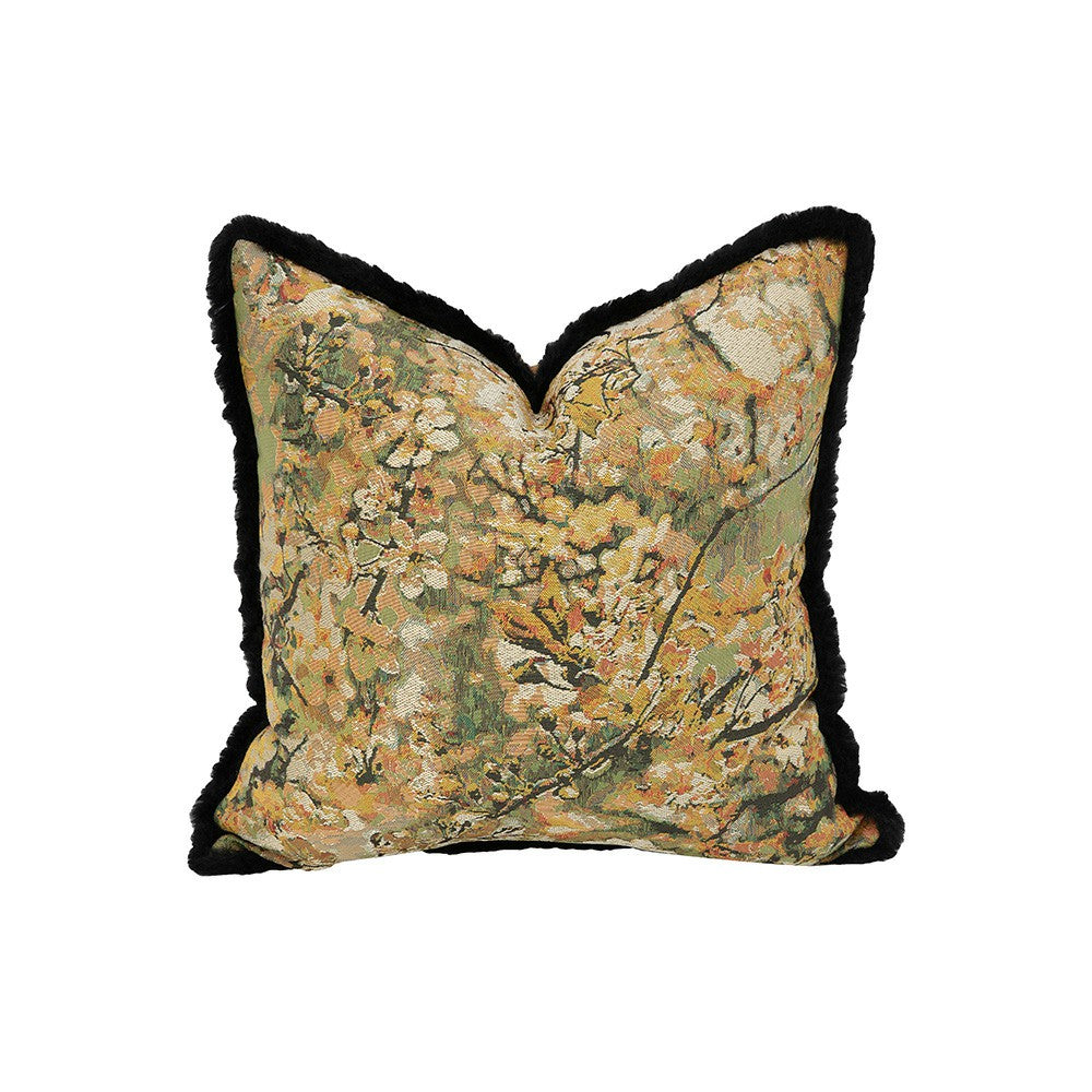 Chateau flowering branch tapestry pillow cover with black plush trim