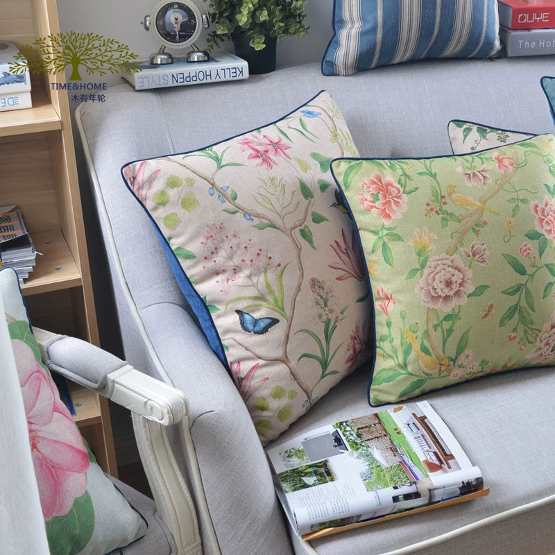 Gardenflight botanical pillow cover collection on a farmhouse sofa
