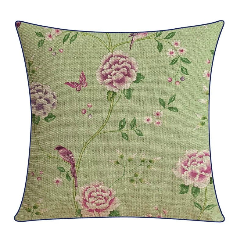 Gardenflight green peony and bird botanical pillow cover