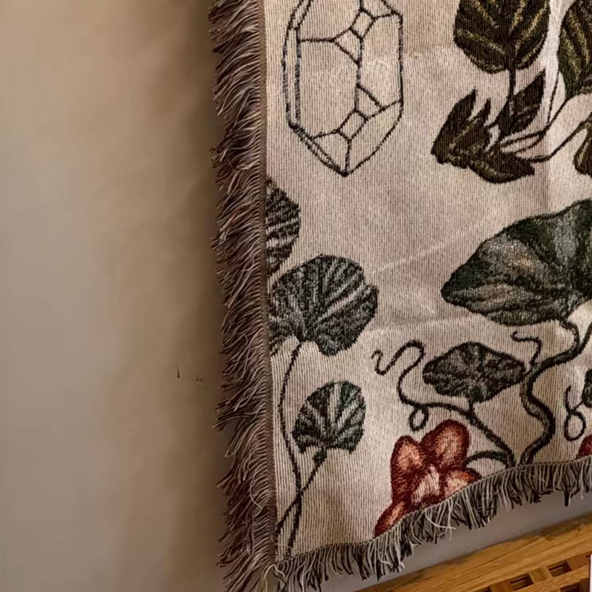 Close-up of Mushroom Grove woven texture botanical print and side fringe