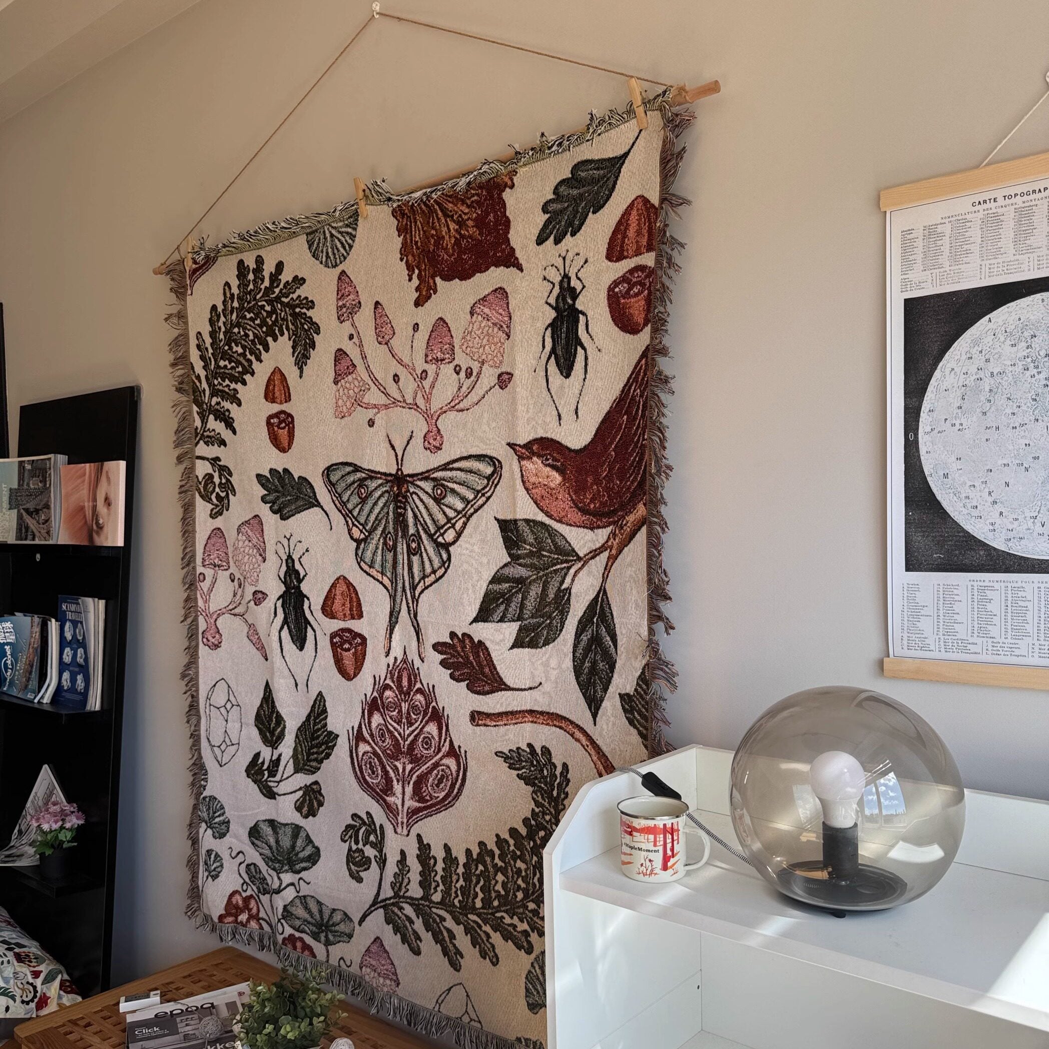 Angled room view of Mushroom Grove cream botanical woven wall hanging