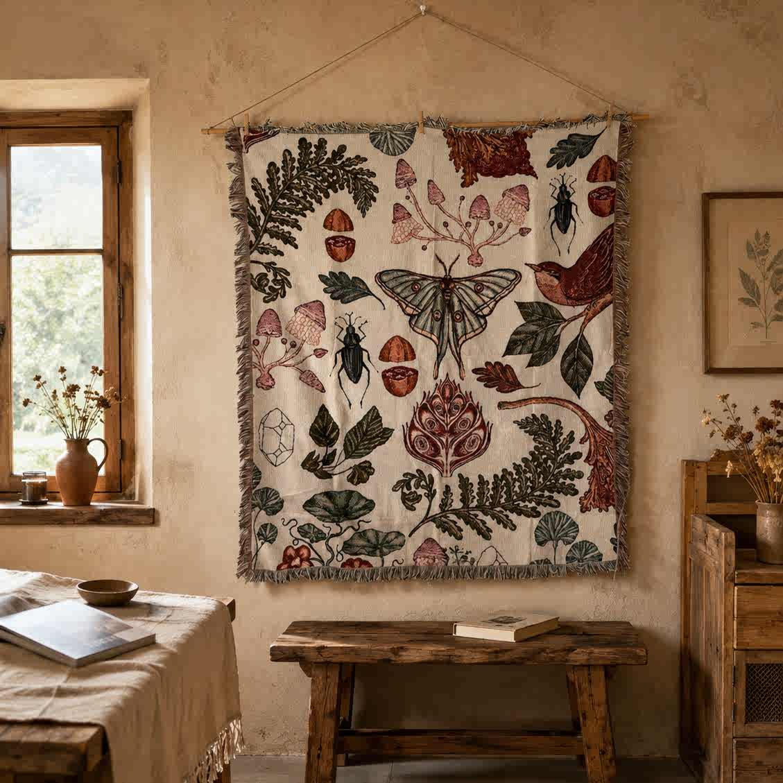 Mushroom Grove cream botanical woven wall tapestry with moth mushrooms and fringe in a rustic room