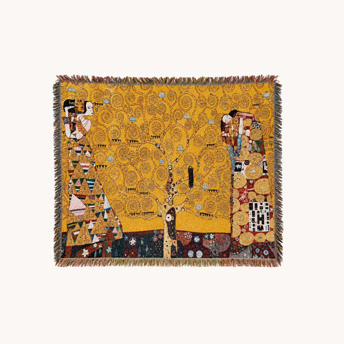 Arbor Tree of Life cotton woven wall tapestry above a modern sofa
