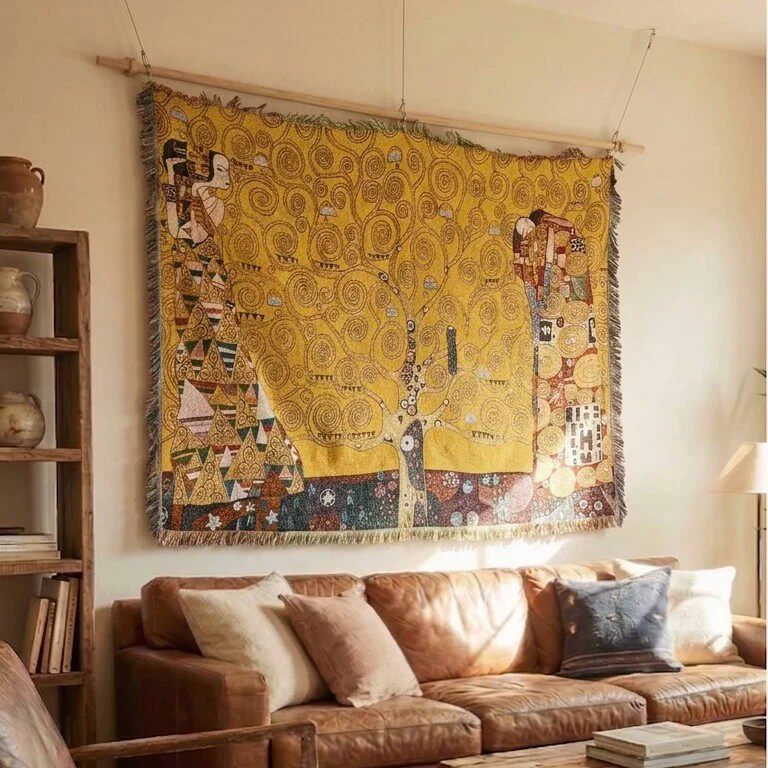 Arbor Tree of Life Art Nouveau-inspired wall tapestry in a living room