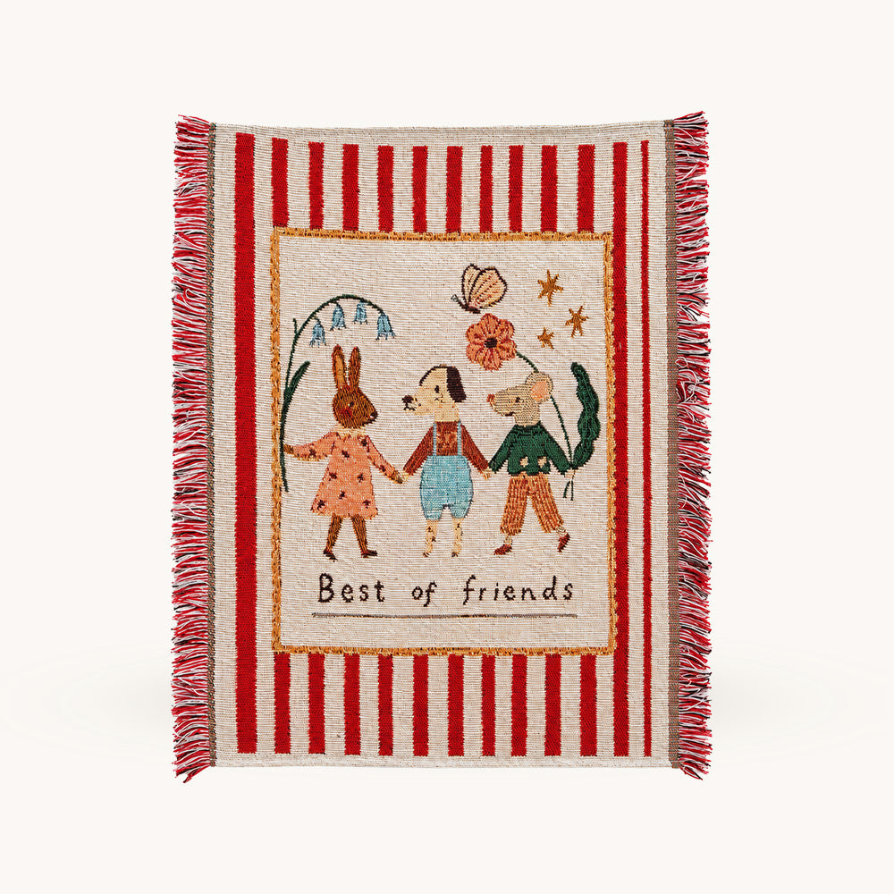 Front view of Fablefolk Style A woven wall tapestry with animal friends, red stripes and side fringe