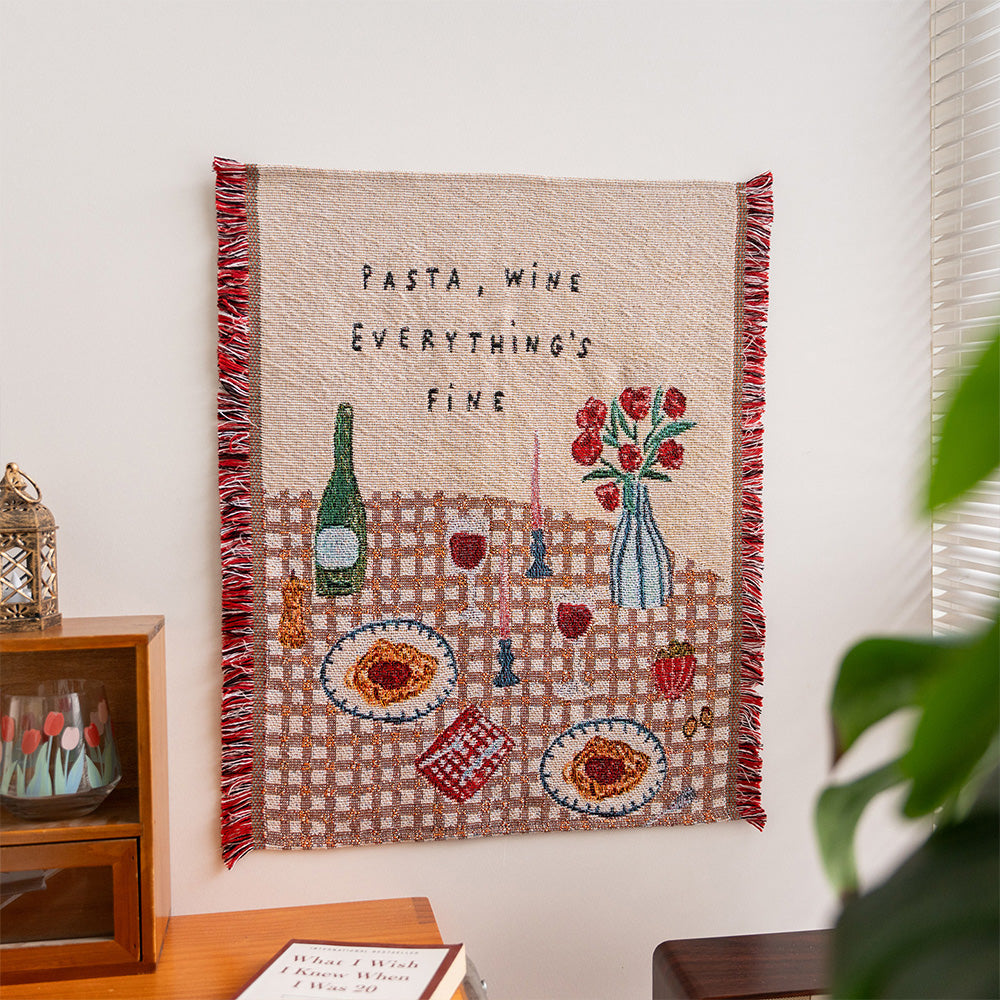 Fablefolk Style C woven tapestry with pasta dinner, wine, flowers and gingham table scene