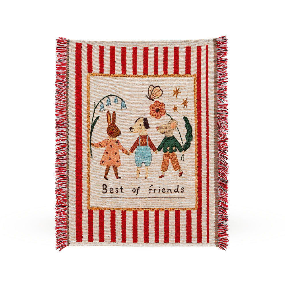 Reverse view of Fablefolk Style A tapestry showing the red striped weave and fringed side edges