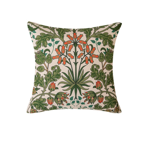 Bellflower cream botanical pillow cover with coral flowers and green leaves