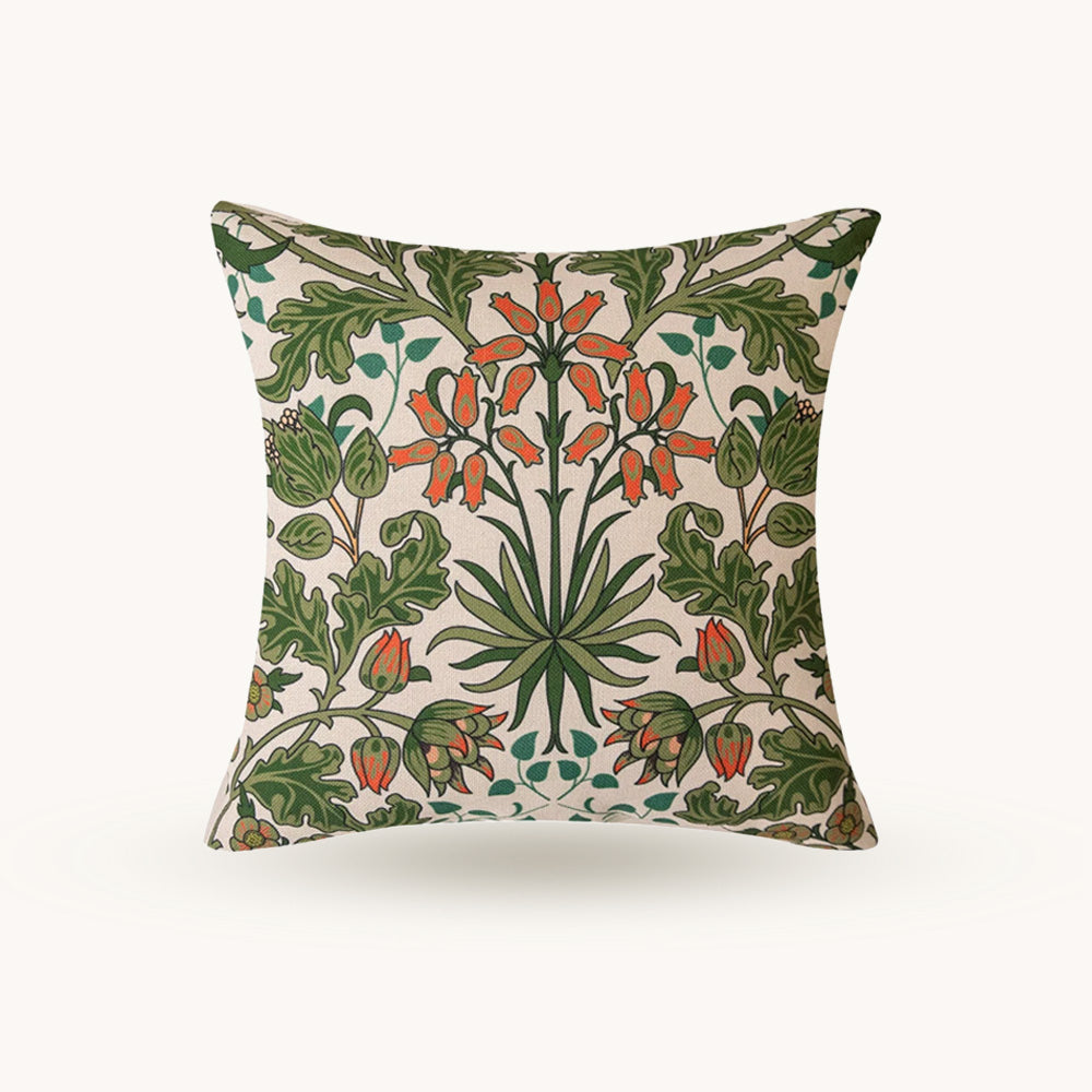 Bellflower cream botanical pillow cover with coral flowers and green leaves