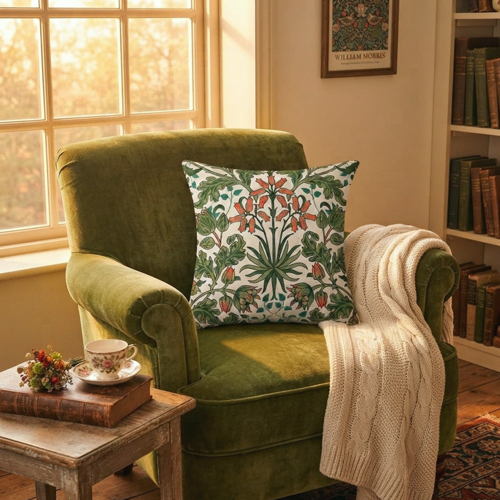Bellflower cream floral pillow cover on a brown velvet armchair