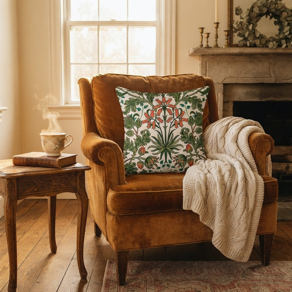Bellflower botanical pillow cover in an English cottage reading corner