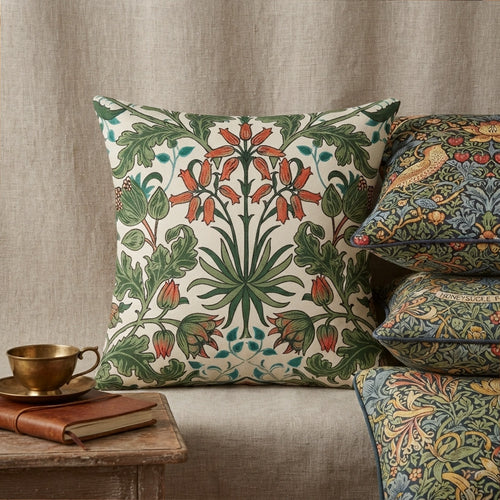 Bellflower botanical pillow cover styled on a neutral linen sofa