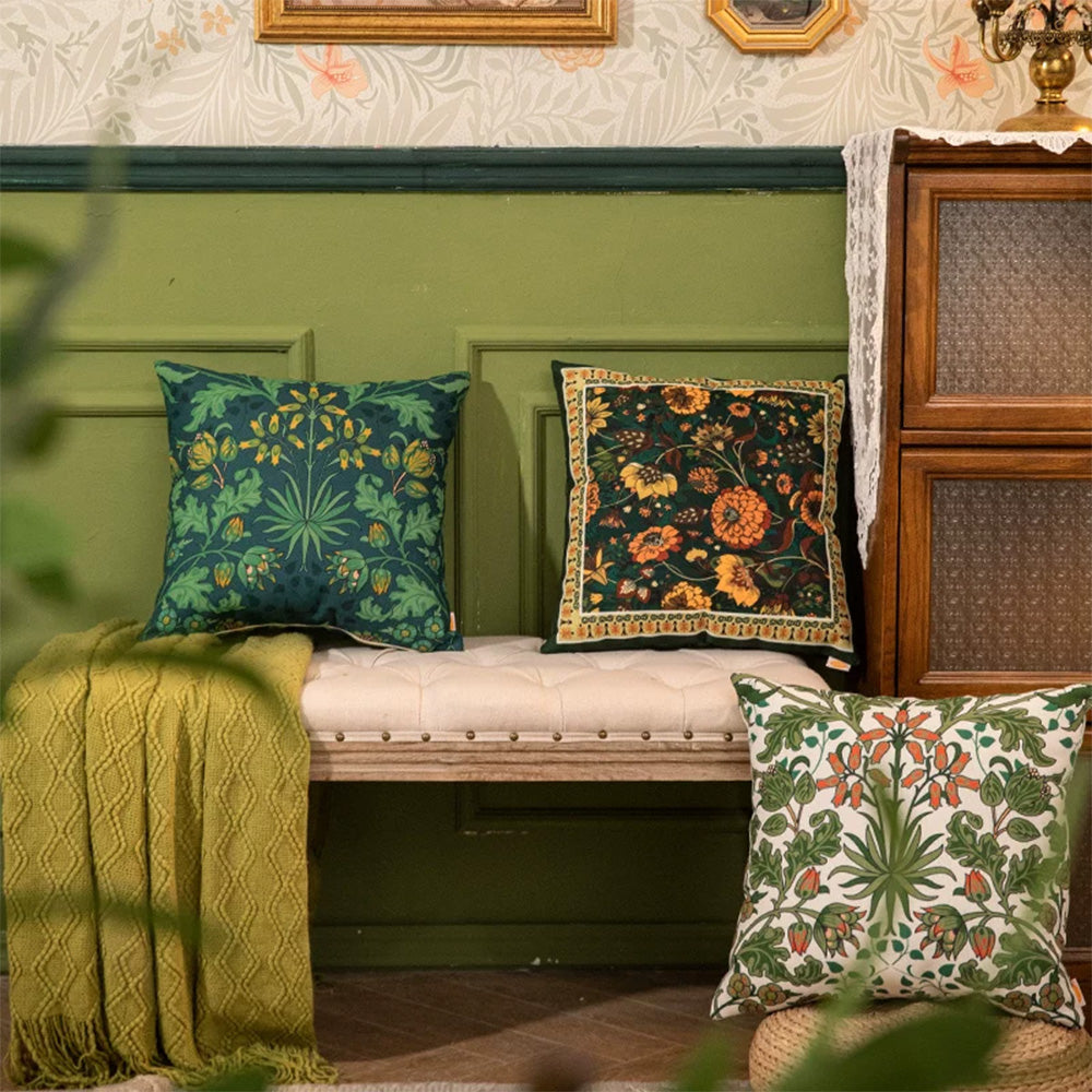 Traditional Jacobean botanical pillow covers in 18x18 and 22x22 sizes
