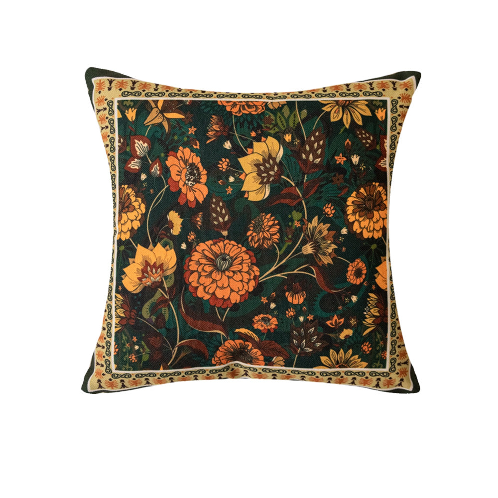 Jacobean dark floral pillow cover with coral teal and gold botanical pattern