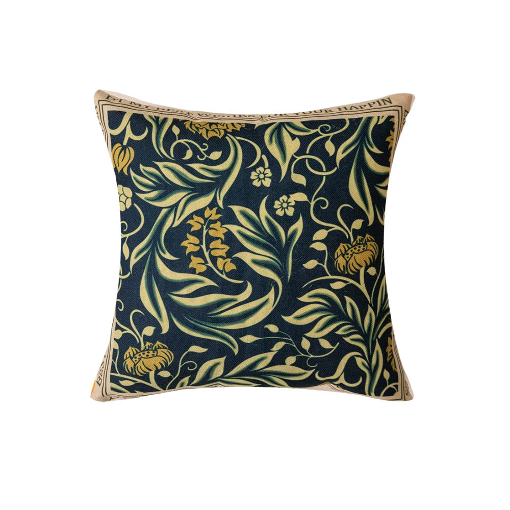 Vine dark green botanical pillow cover with pale scrolling leaves and small flowers