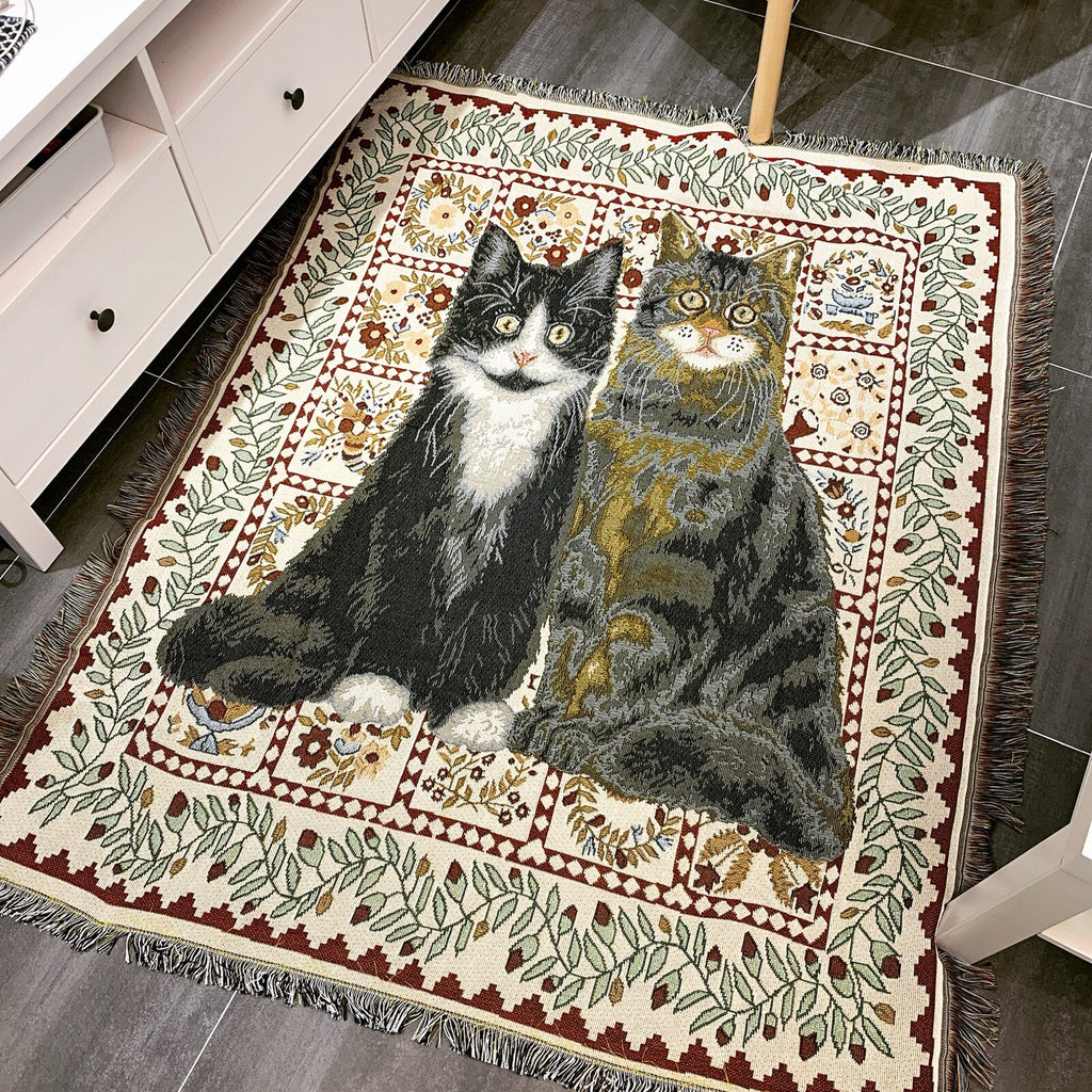 Woven cotton cat tapestry blanket with botanical border and fringe