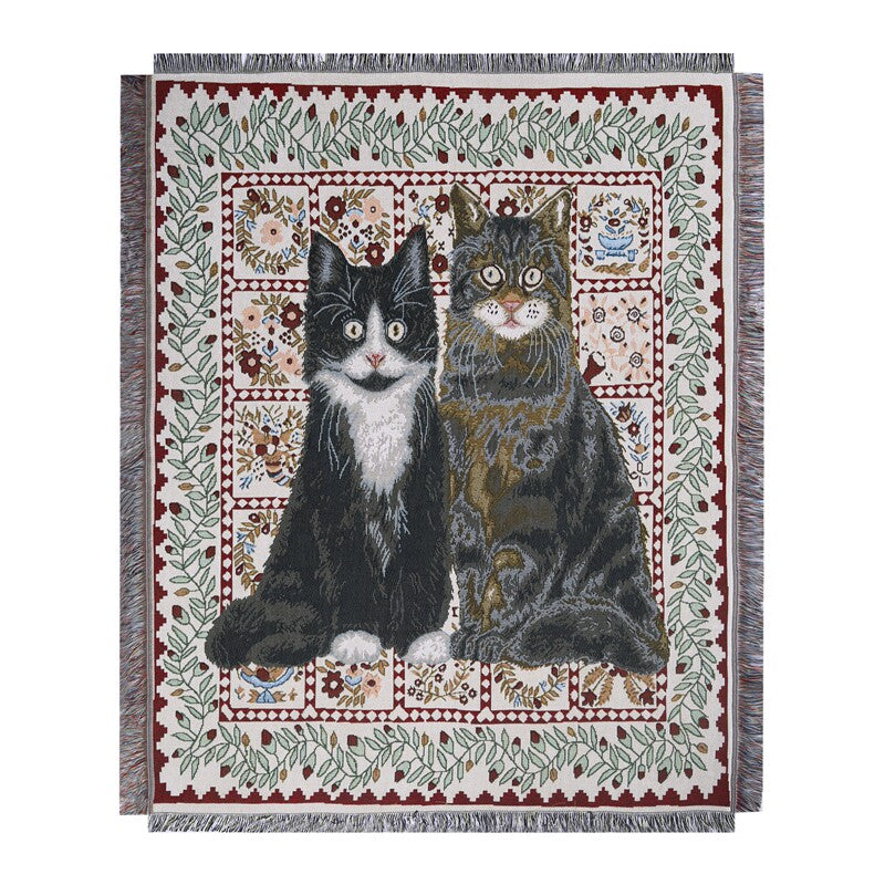 Whisker woven cotton throw blanket with two cats and botanical patchwork border