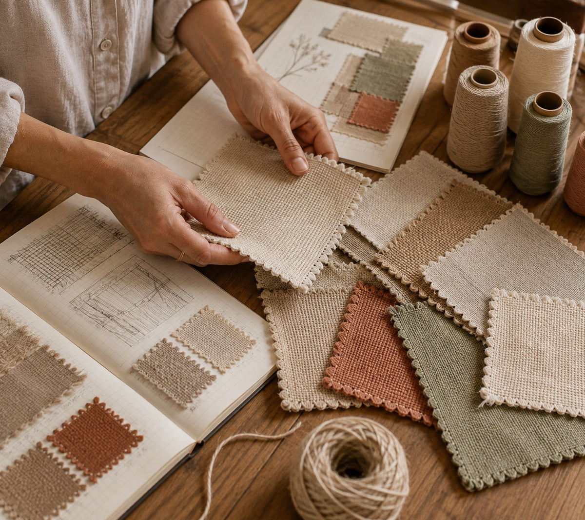 Hands comparing woven textile samples at a worktable