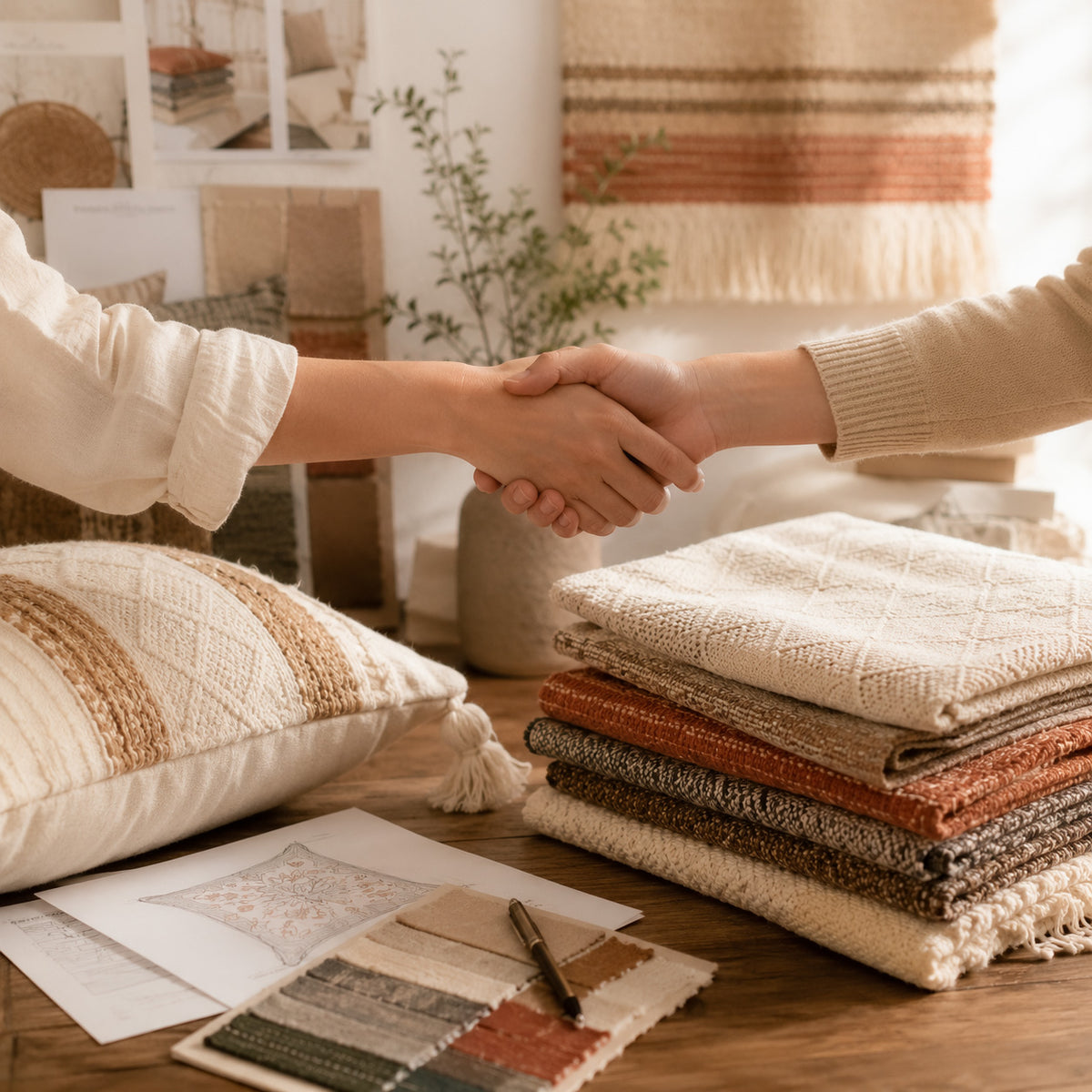 Hands working with textile samples