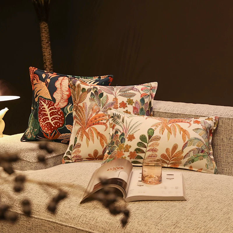 Verdure chenille pillow cover collection in two tropical botanical designs