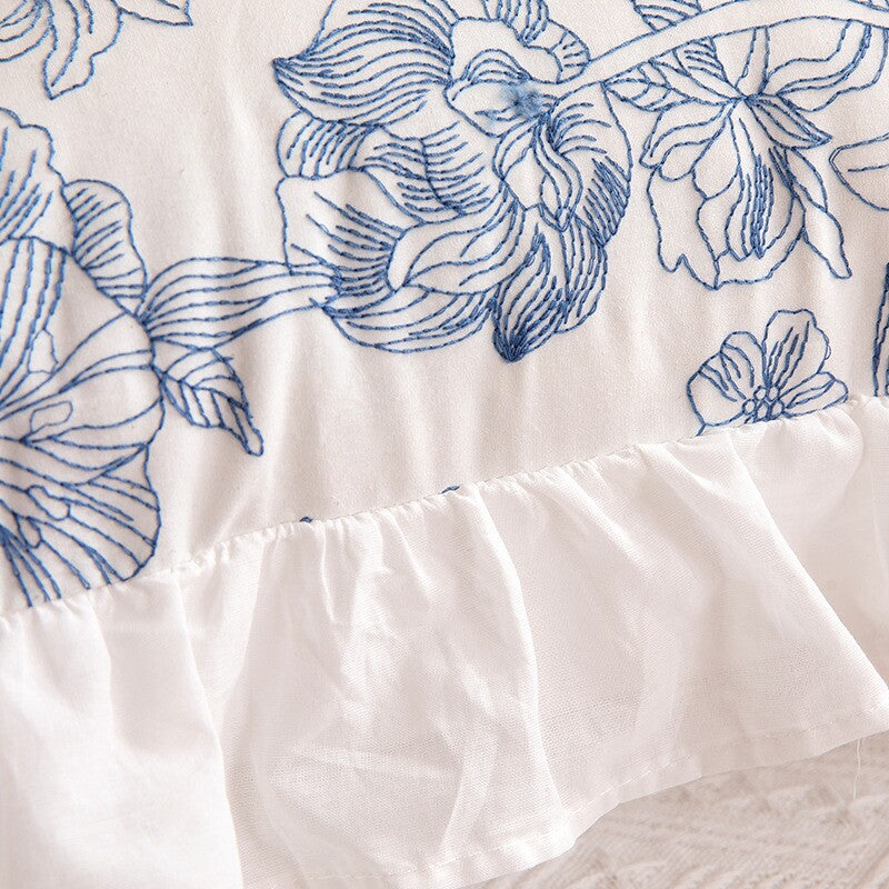 Close-up of blue floral print and white cotton ruffle trim