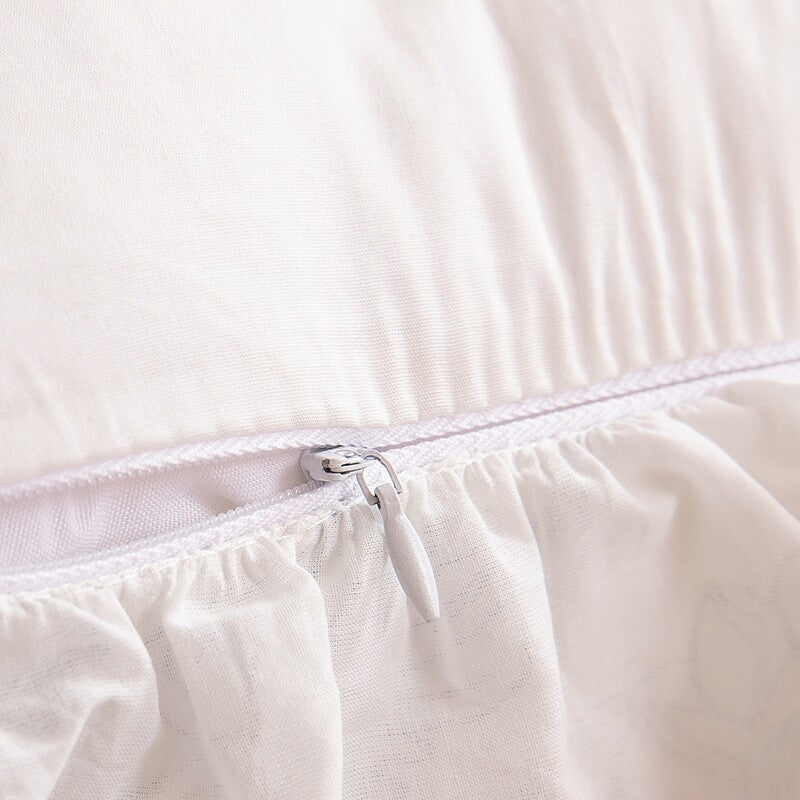 Hidden zipper detail on white Porcelain cotton ruffle pillow cover