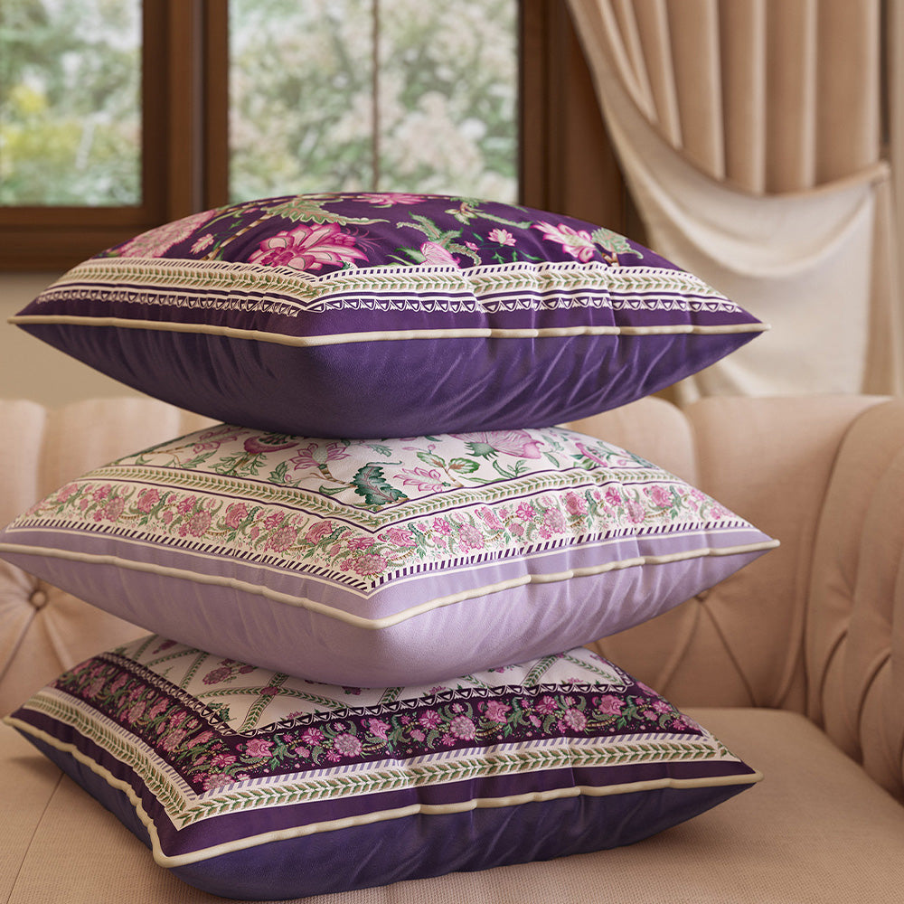 Stacked Trellis cotton pillow covers showing three botanical patterns