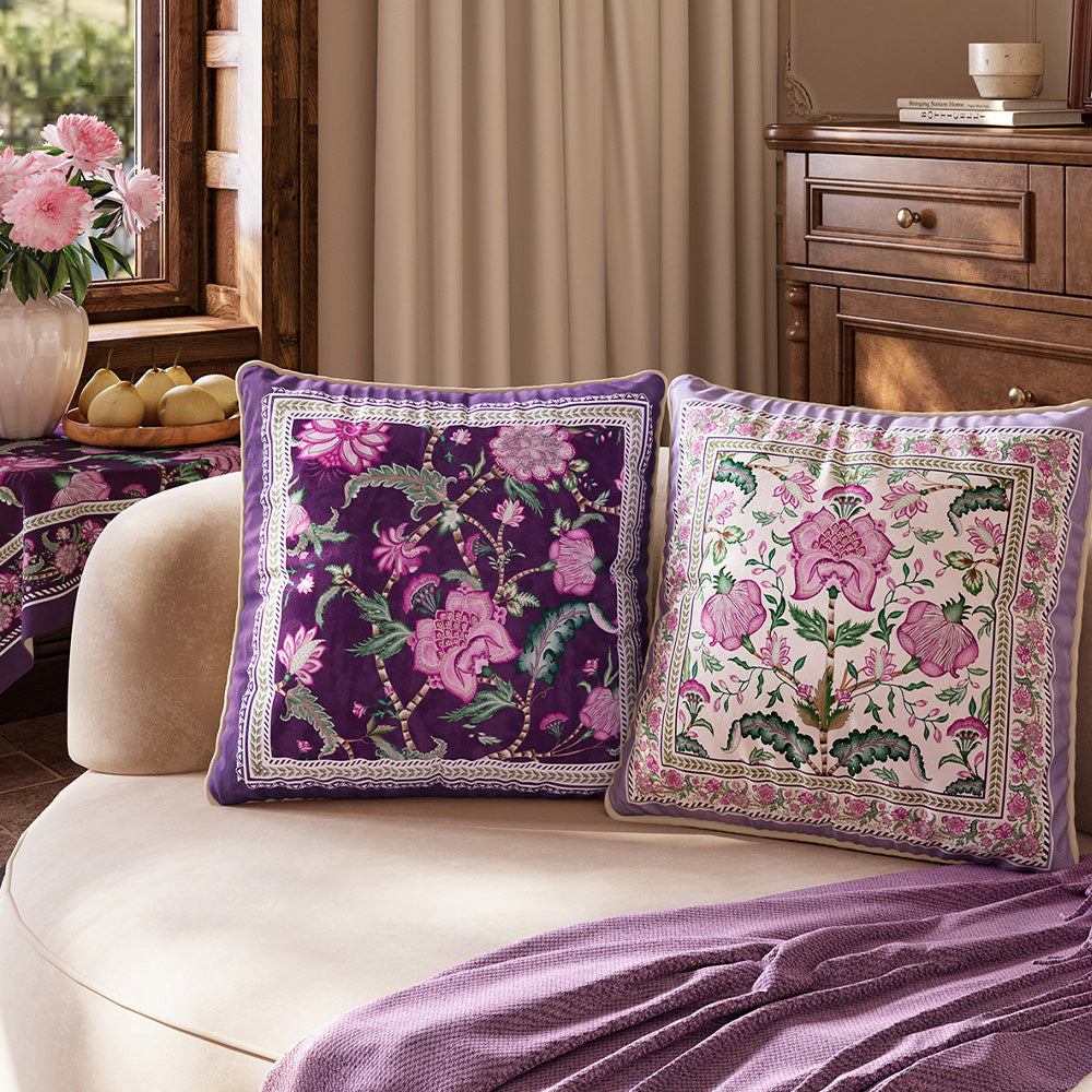 Trellis floral pillow cover designs styled on a cream sofa