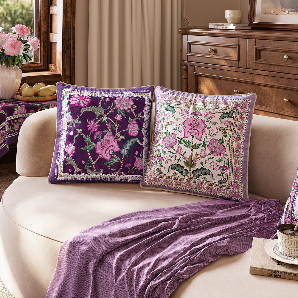 Pink and purple Trellis botanical covers in a cottagecore living room
