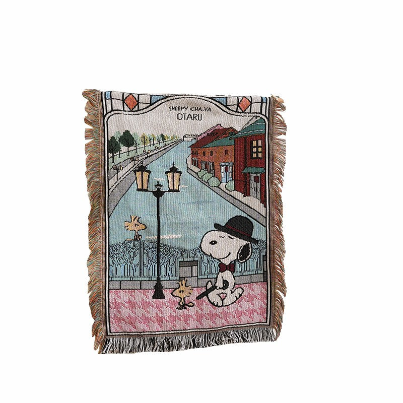 Roam cartoon dog canal scene cotton woven wall tapestry with fringe